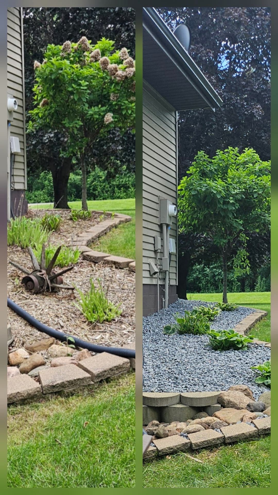 Before and after garden transformation showcasing landscaping improvements and new gravel path.
