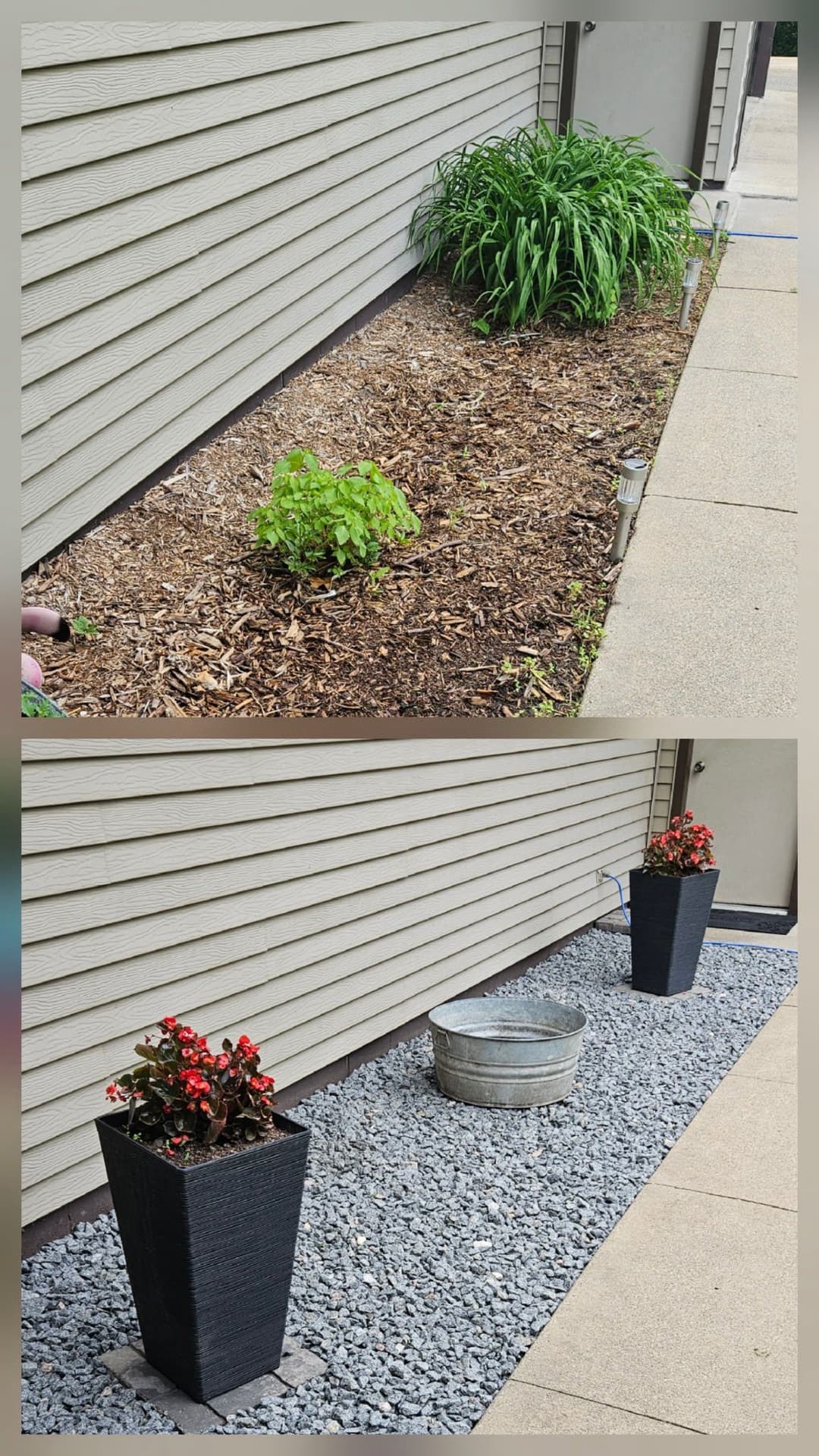 Before and after garden transformation with flower pots and pebbled landscape design.